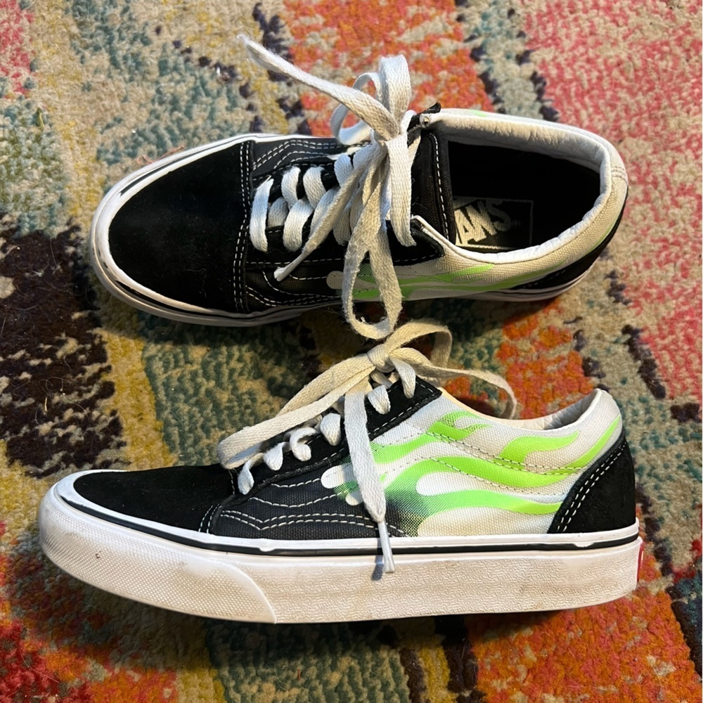 Vans Black and Neon Green Sneakers Womens 5.5